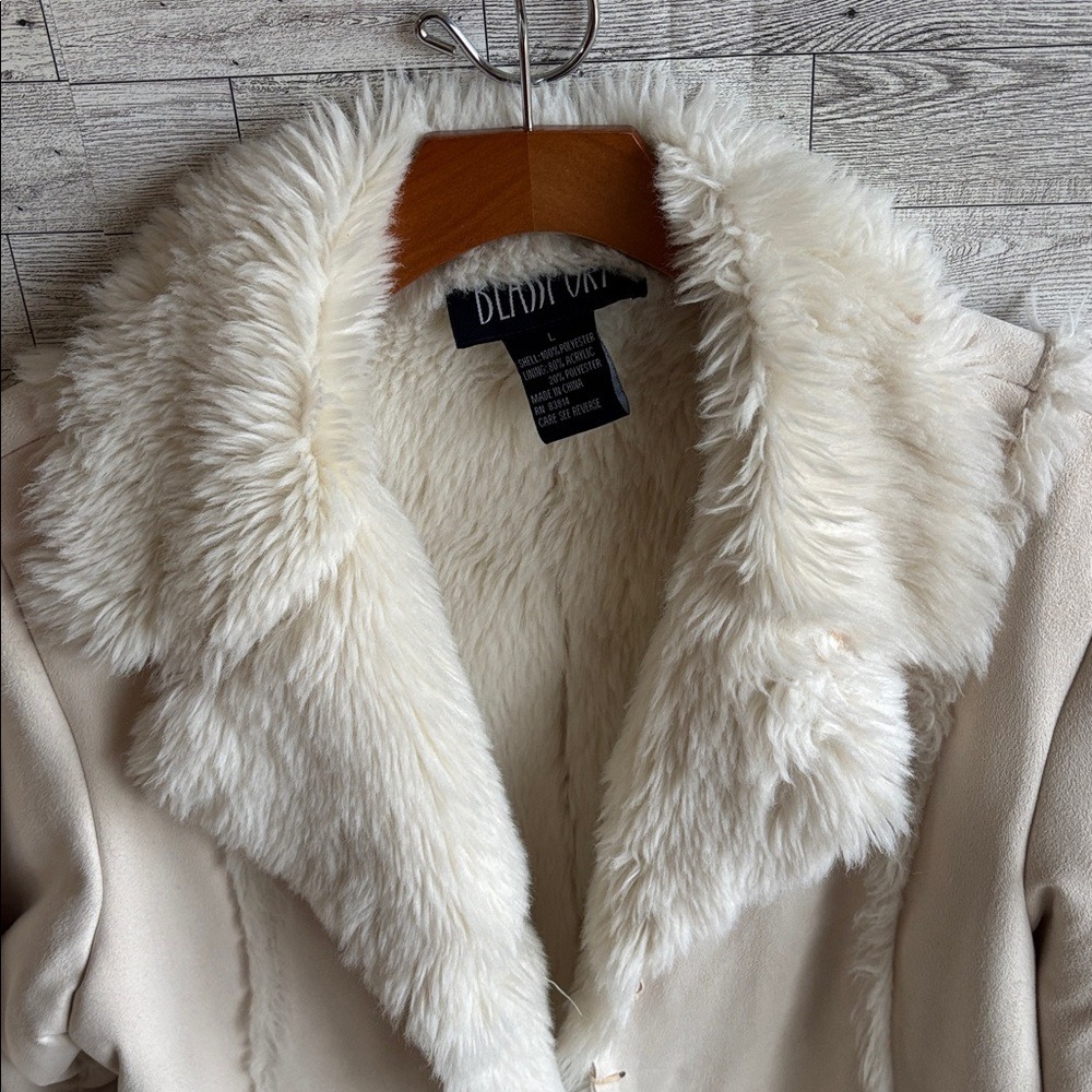 Cream Fur Coat Faux leather shearling jacket Women's Large Y2k Vintage - Picture 5 of 9